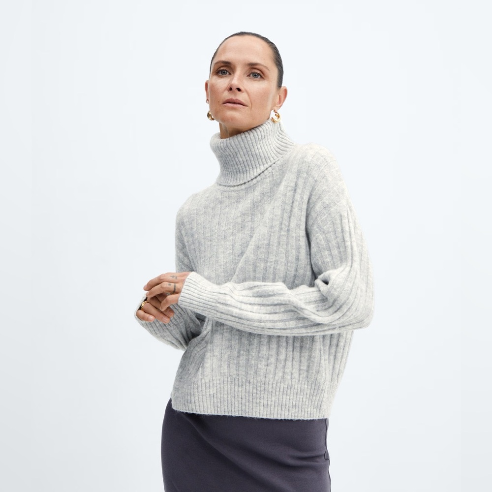 NEW Mango Rolled Neck Cable Sweater Turtleneck Grey - Picture 3 of 7